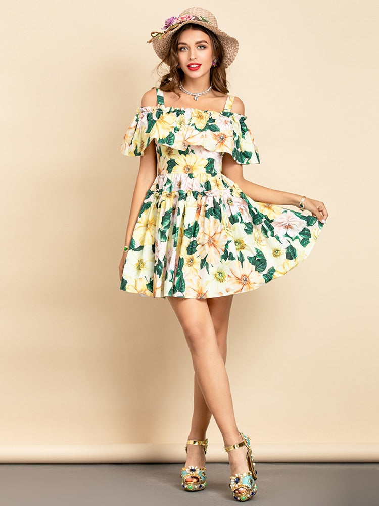 Spaghetti Strap Ruffle Flower Print Vintage Mini Dress Drewliet Spaghetti Strap Ruffle Flower Print Vintage Mini Dress Drewliet