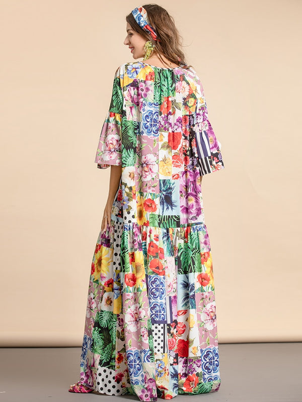Plus Size Loose Flower Print Elegant Party Holiday Maxi Dress