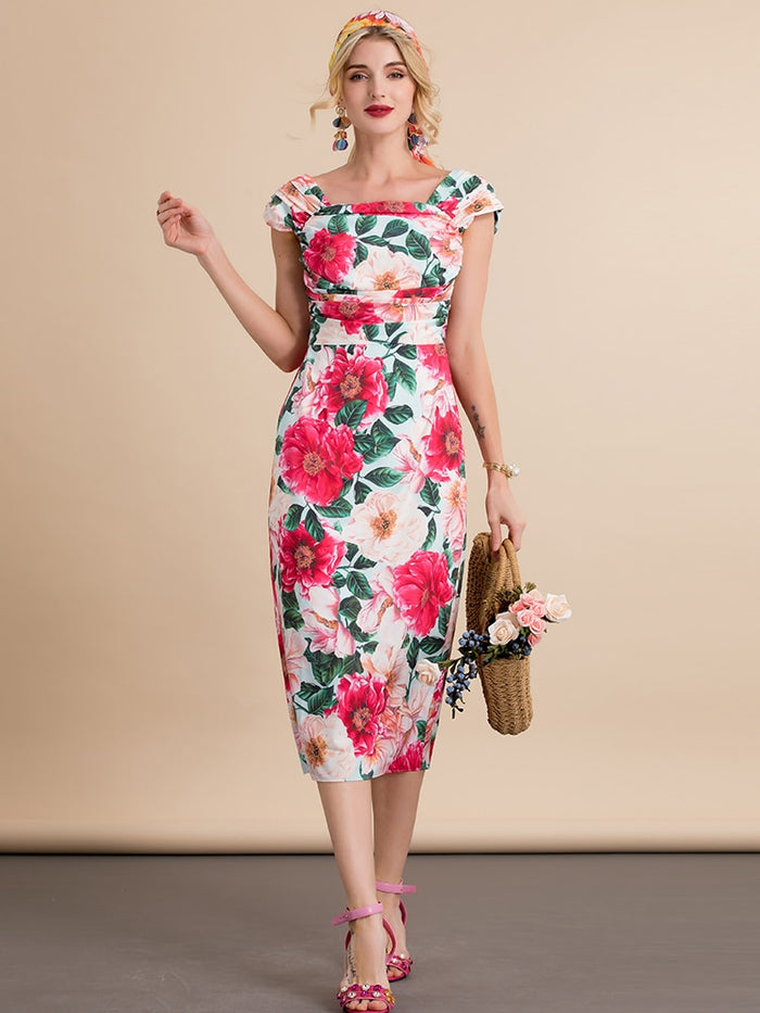 slim fit dress slacks Aconiconi Luxury French Floral Print Slim Fit Hip Hug Dinner Dress- Primrose Whisper Xs / Off White