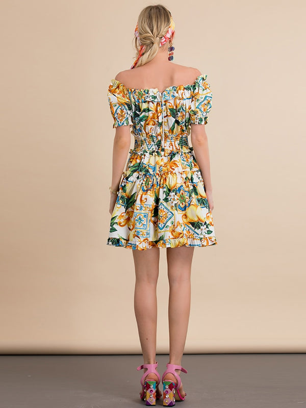 Off Shoulder Elastic Waist Lemon Flowers Print Elegant Mini Dress
