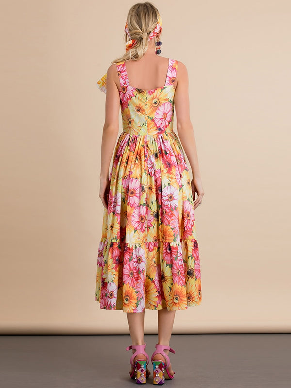 Spaghetti Strap Backless Elegant Flower Print Midi Dress
