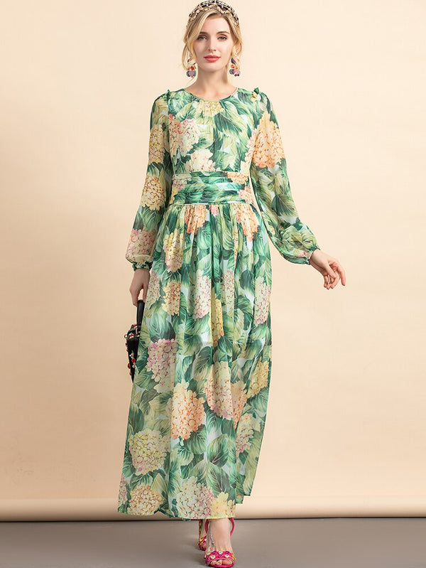 Lantern Sleeve Flower Print Chiffon Elegant Bohemian Maxi Dress