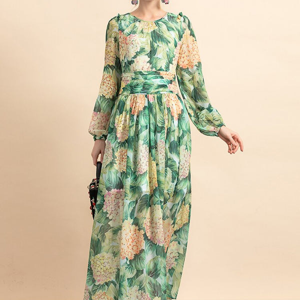 Lantern Sleeve Flower Print Chiffon Elegant Bohemian Maxi Dress – Drewliet