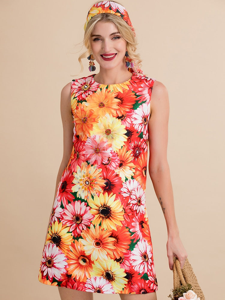 Sleeveless Applique Beaded Flower Print Vintage Mini Dress Drewliet Sleeveless Applique Beaded Flower Print Vintage Mini Dress Drewliet