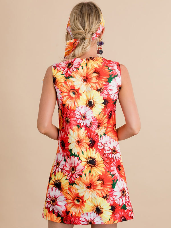 Sleeveless Applique Beaded Flower Print Vintage Mini Dress