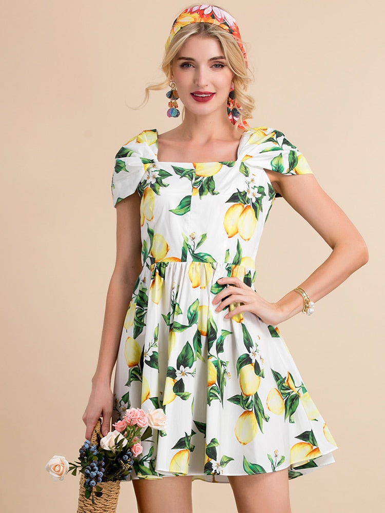 Spaghetti Strap Bohemian Lemon Flower Print Elegant Mini Dress