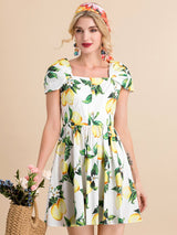 Spaghetti Strap Bohemian Lemon Flower Print Elegant Mini Dress