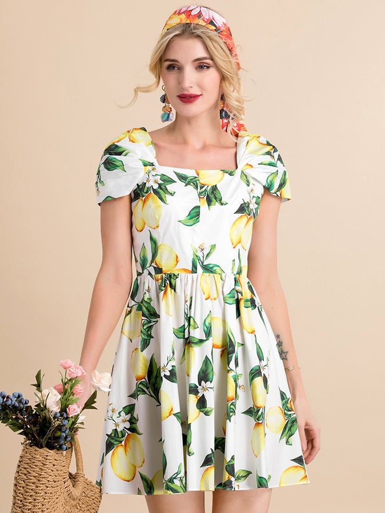 Spaghetti Strap Bohemian Lemon Flower Print Elegant Mini Dress