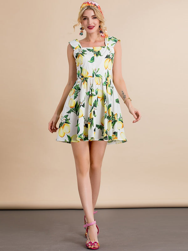 Spaghetti Strap Bohemian Lemon Flower Print Elegant Mini Dress