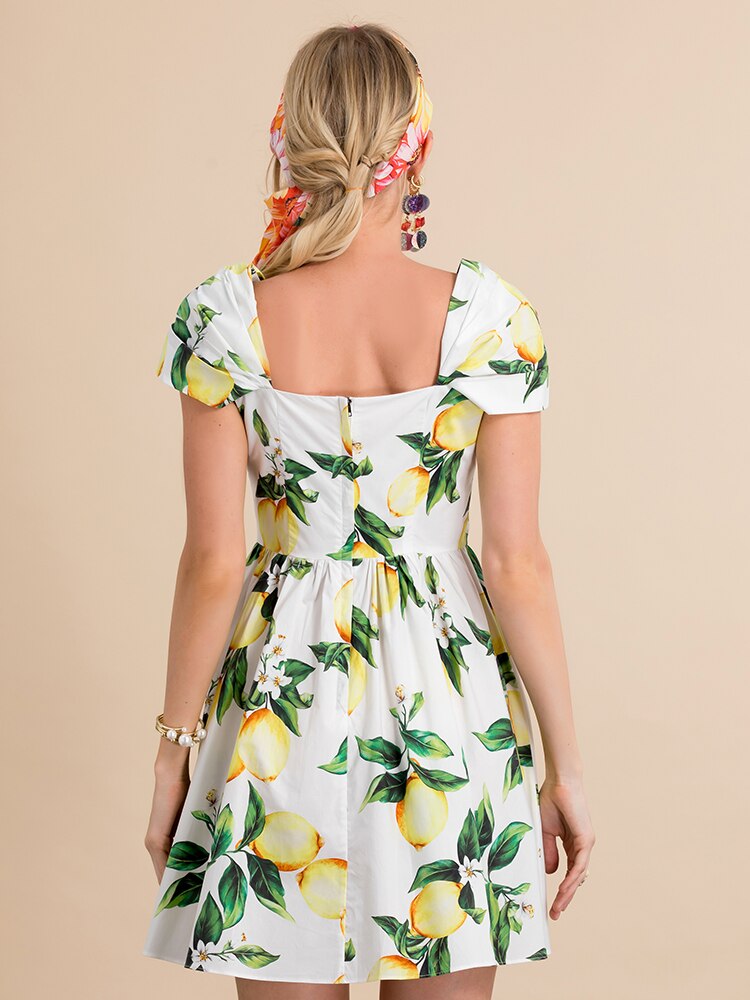 Spaghetti Strap Bohemian Lemon Flower Print Elegant Mini Dress