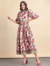 Puff Sleeve Flower Print Elegant Vacation Party Midi Dress