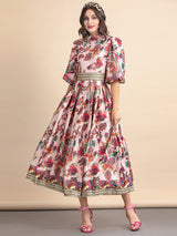 Puff Sleeve Flower Print Elegant Vacation Party Midi Dress