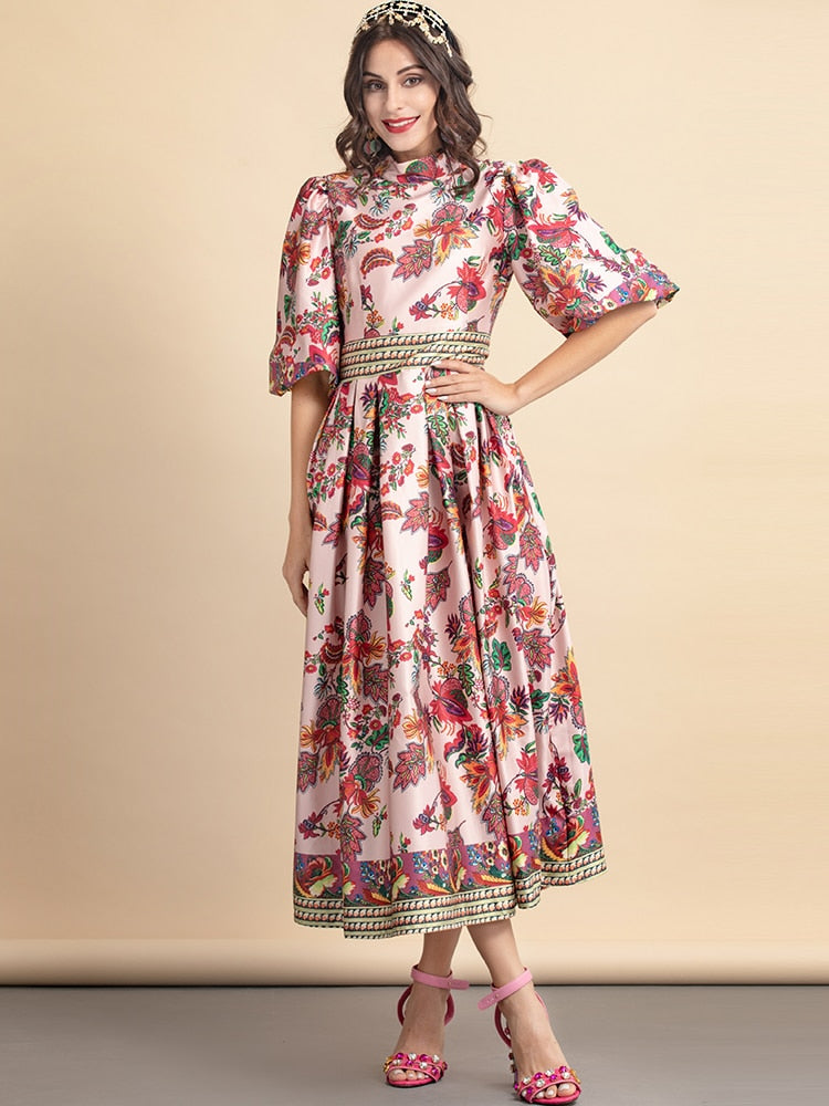 Puff Sleeve Flower Print Elegant Vacation Party Midi Dress