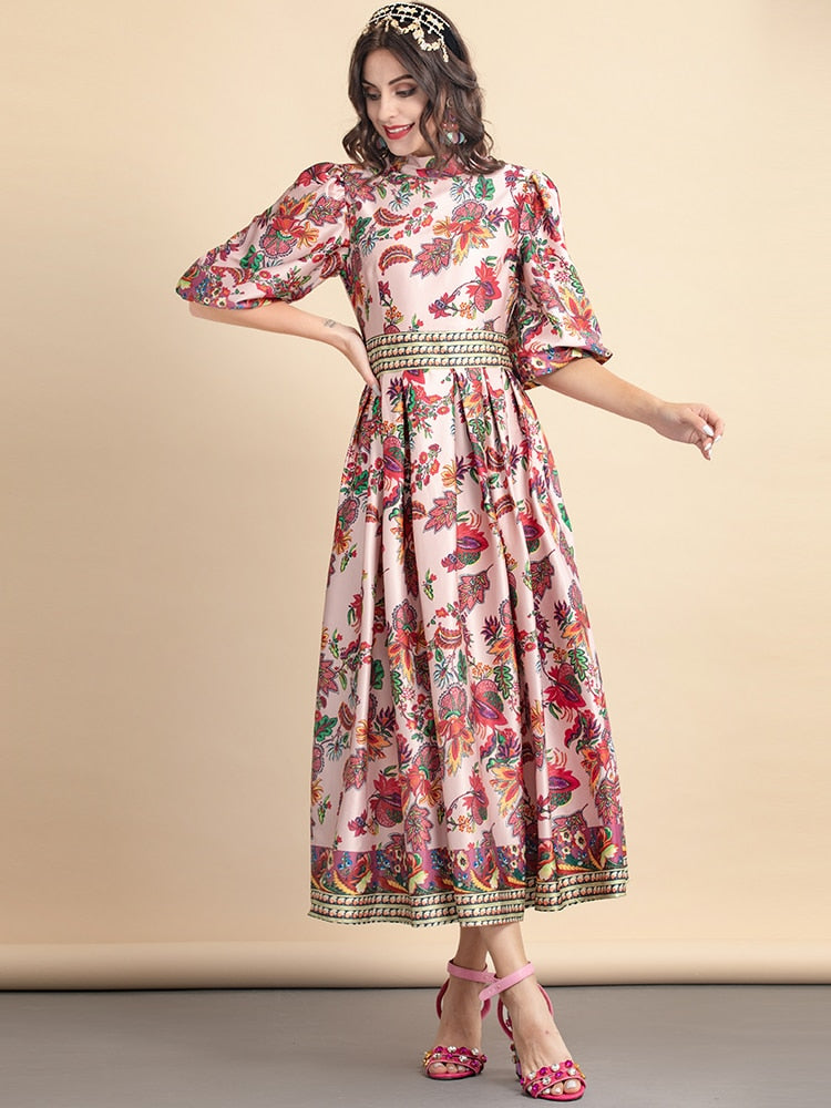 Puff Sleeve Flower Print Elegant Vacation Party Midi Dress