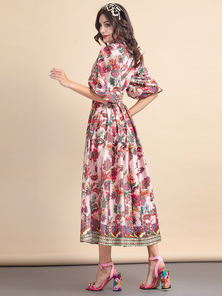 Puff Sleeve Flower Print Elegant Vacation Party Midi Dress