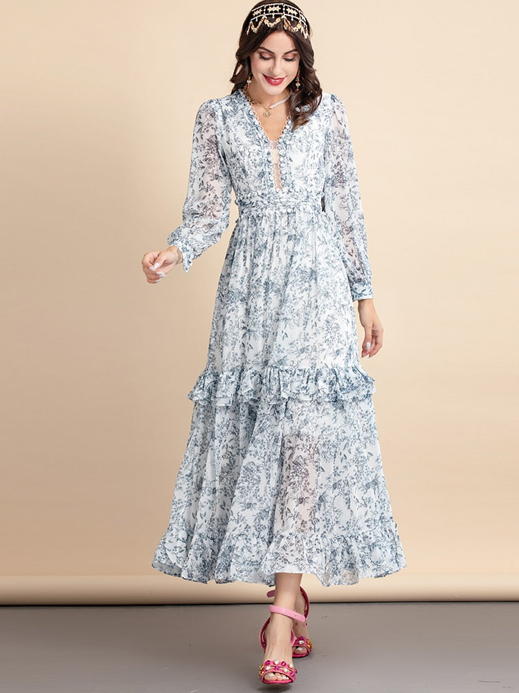 Chiffon Elegant V-neck Ruffles Long Sleeve Floral Print Midi Dress