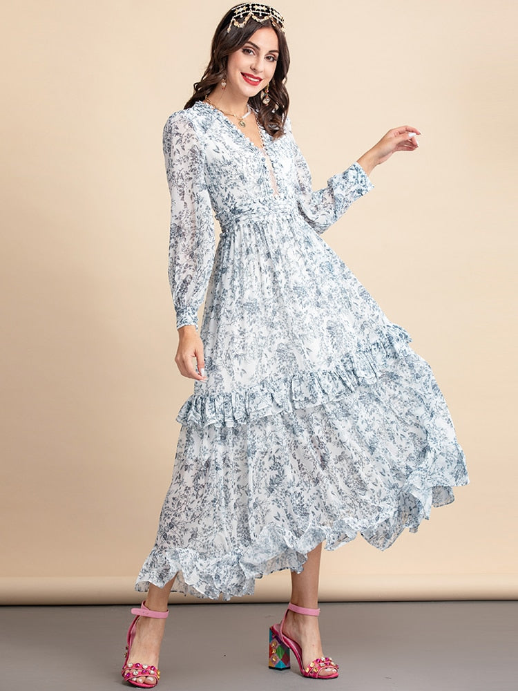 Chiffon Elegant V-neck Ruffles Long Sleeve Floral Print Midi Dress