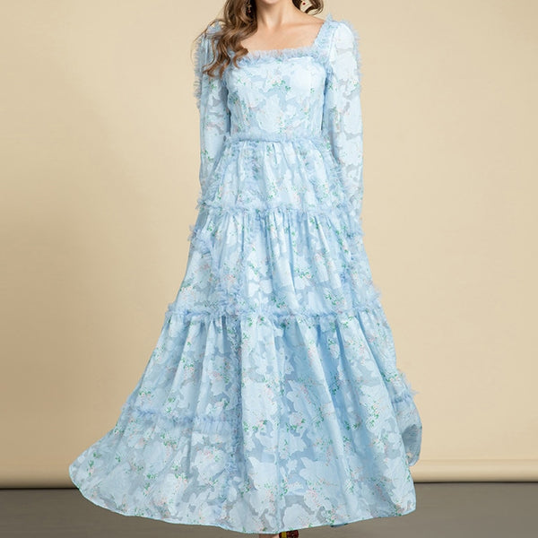 fitted lace wedding dress Blue Vacation Elegant Bohemia Flower Printed Long Sleeve Midi Dress –  Drewliet