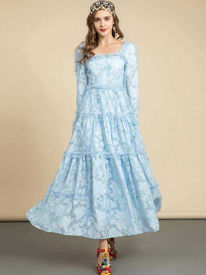 Blue Vacation Elegant Bohemia Flower Printed Long Sleeve Midi Dress – Drewliet