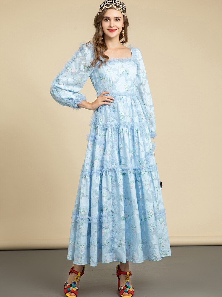 bohemia dress Blue Vacation Elegant Bohemia Flower Printed Long Sleeve Midi Dress – Drewliet