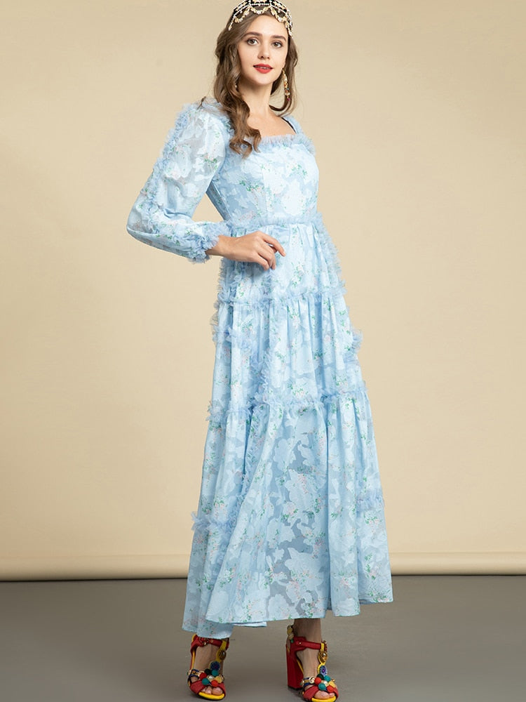 Blue Vacation Elegant Bohemia Flower Printed Long Sleeve Midi Dress Drewliet Blue Vacation Elegant Bohemia Flower Printed Long Sleeve Midi Dress Drewliet