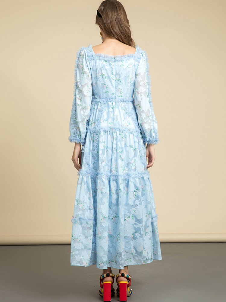 Blue Vacation Elegant Bohemia Flower Printed Long Sleeve Midi Dress Drewliet Blue Vacation Elegant Bohemia Flower Printed Long Sleeve Midi Dress Drewliet