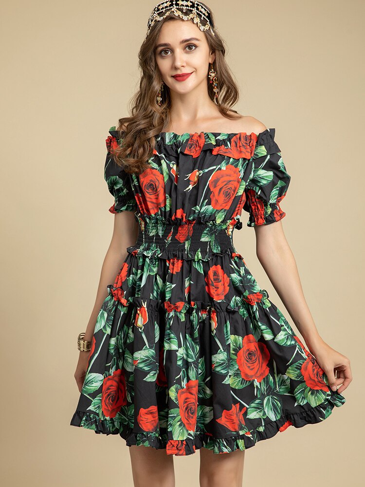 Cotton Slash Neck Elastic Waist Floral Print Holiday Party Mini Dress