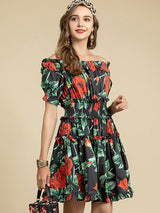 Cotton Slash Neck Elastic Waist Floral Print Holiday Party Mini Dress