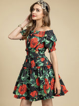 Cotton Slash Neck Elastic Waist Floral Print Holiday Party Mini Dress