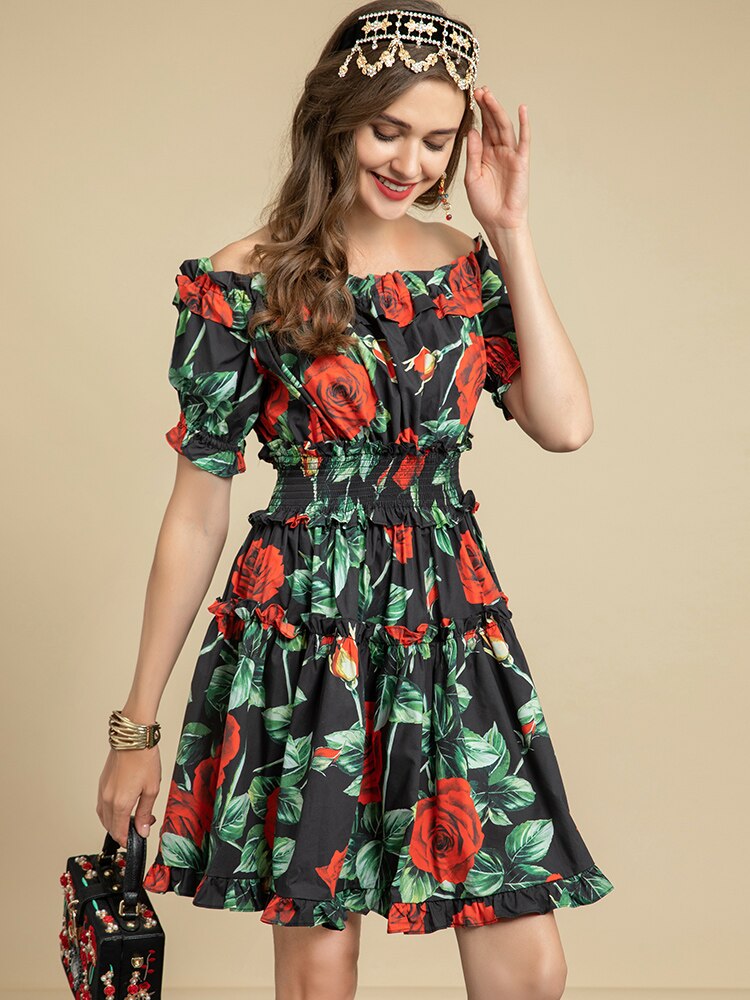 Cotton Slash Neck Elastic Waist Floral Print Holiday Party Mini Dress