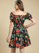 Cotton Slash Neck Elastic Waist Floral Print Holiday Party Mini Dress