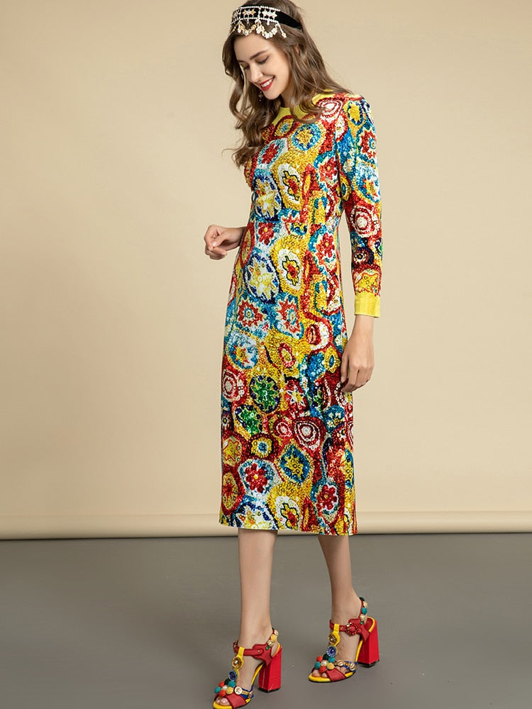 Long Sleeve Luxury Crystal Beading Colorful Totem Print Midi Dress – Drewliet