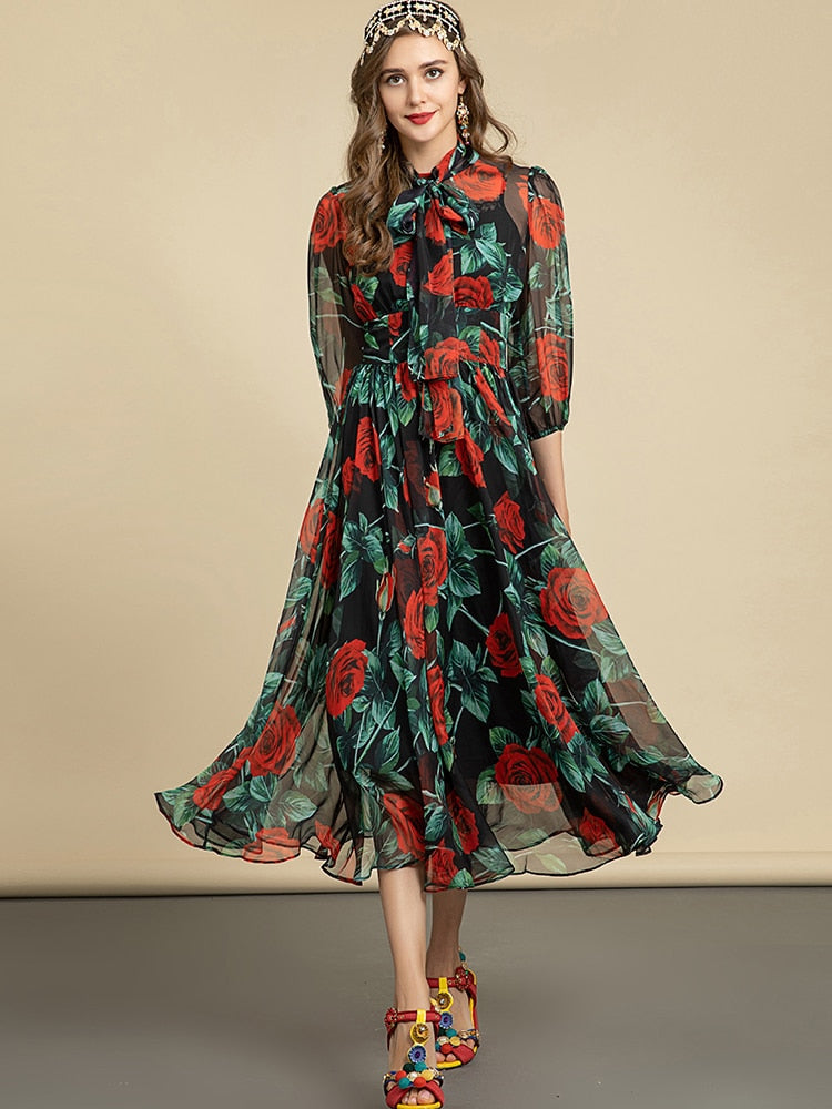 Chiffon Lantern Sleeve Retro Rose Flower Print Midi Dress – Drewliet Chiffon Lantern Sleeve Retro Rose Flower Print Midi Dress – Drewliet