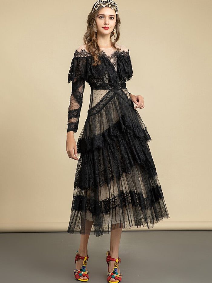 Sexy Club Mesh Long Sleeve Ruffles Lace Splicing Elegant