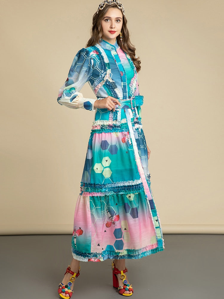 Lantern Sleeve Single-breasted Sashes Printed Vacation Midi Dress Drewliet Lantern Sleeve Single-breasted Sashes Printed Vacation Midi Dress Drewliet