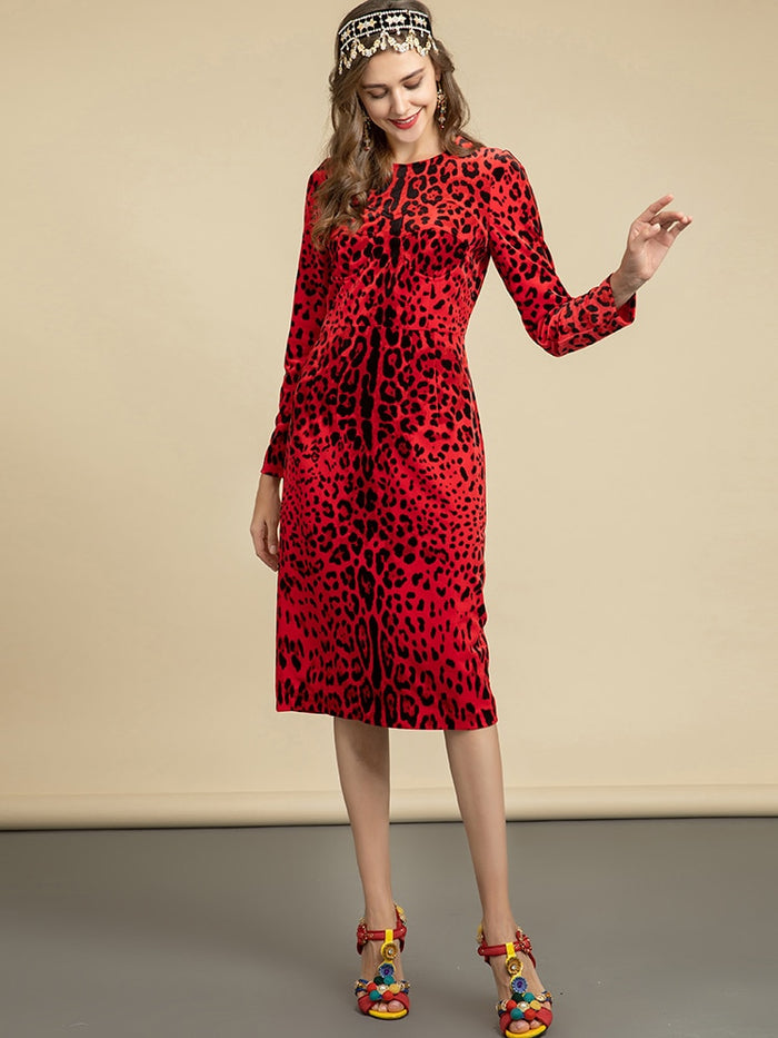 strapless open back dress Sexy Red Leopard Velvet Slim Long Sleeve Elegant Midi Dress – Drewliet