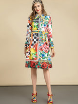 Loose Vintage Turn-down Collar Belt Floral Print Long Sleeve Midi Dress