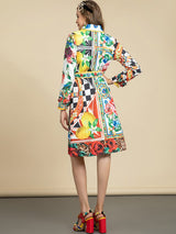 Loose Vintage Turn-down Collar Belt Floral Print Long Sleeve Midi Dress